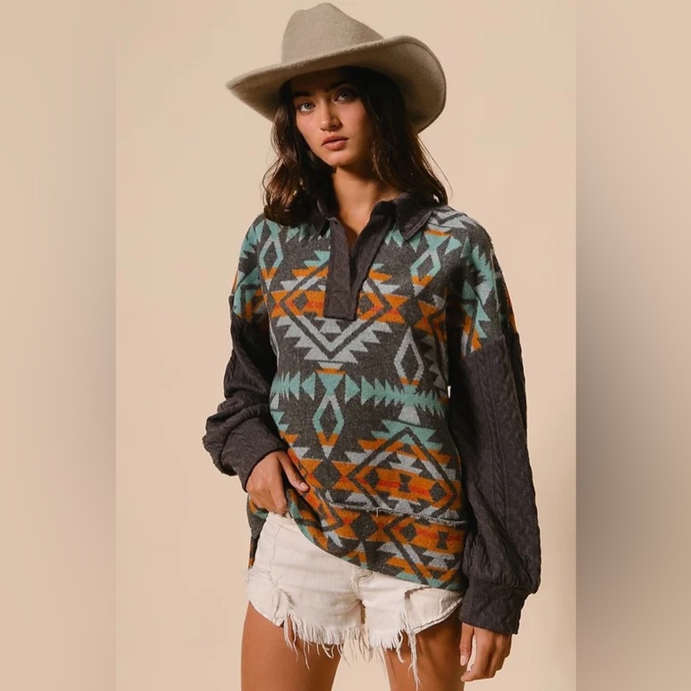 BIBI Aztec Tribal Boho Bohemian Pullover Shacket Jacket sweatshirt sweater